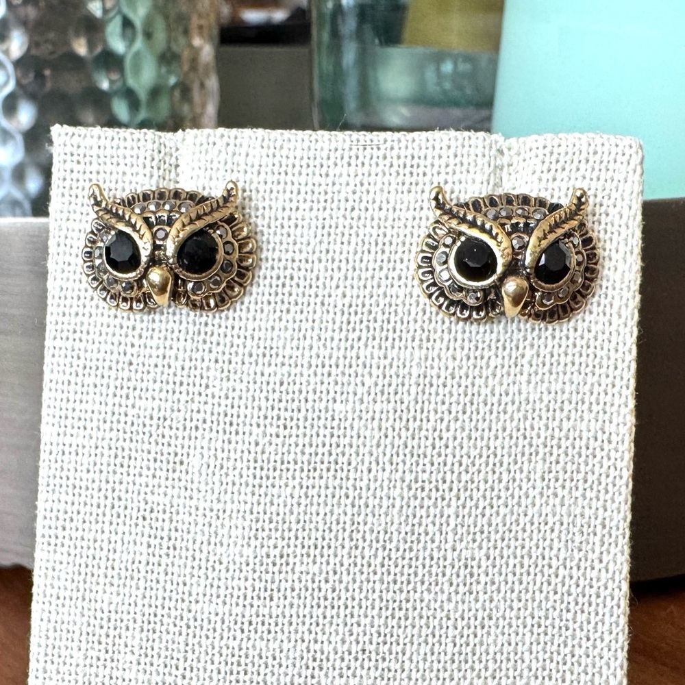 Gold and Black Owl Stud Earrings